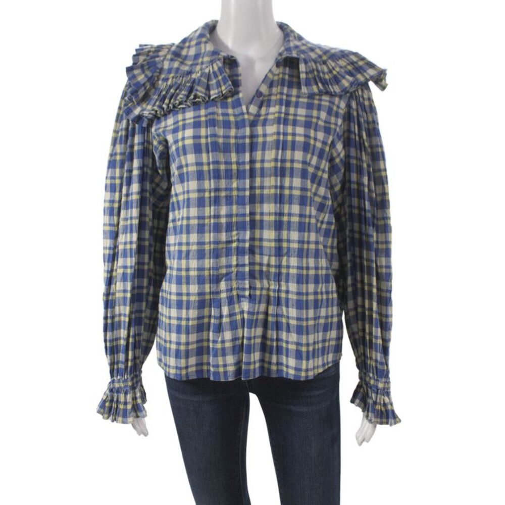 Laurence Bras Women Tunic Blouse Blue Plaid Cotton Longsleeve Size 34